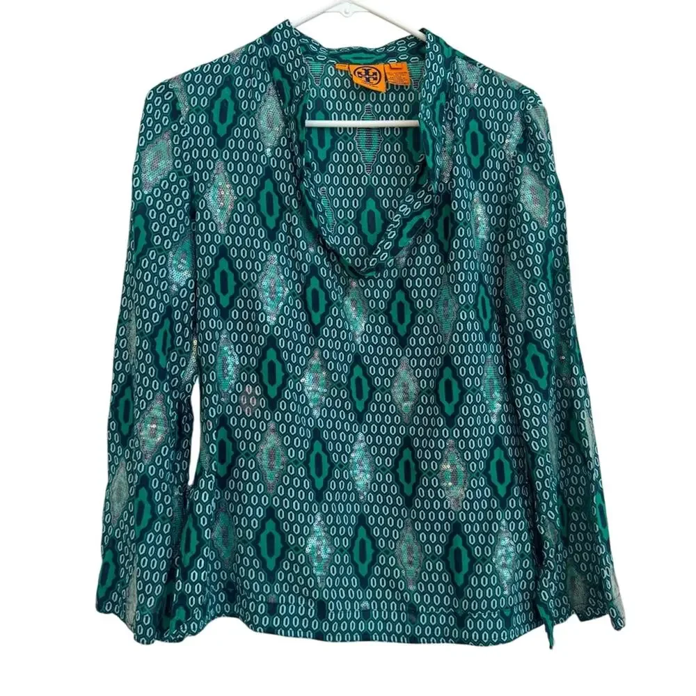 Tory Burch Women's Geometric Sequin 3/4 Sleeve‎ V Neck Tunic Sz 4 Green, Sparkle